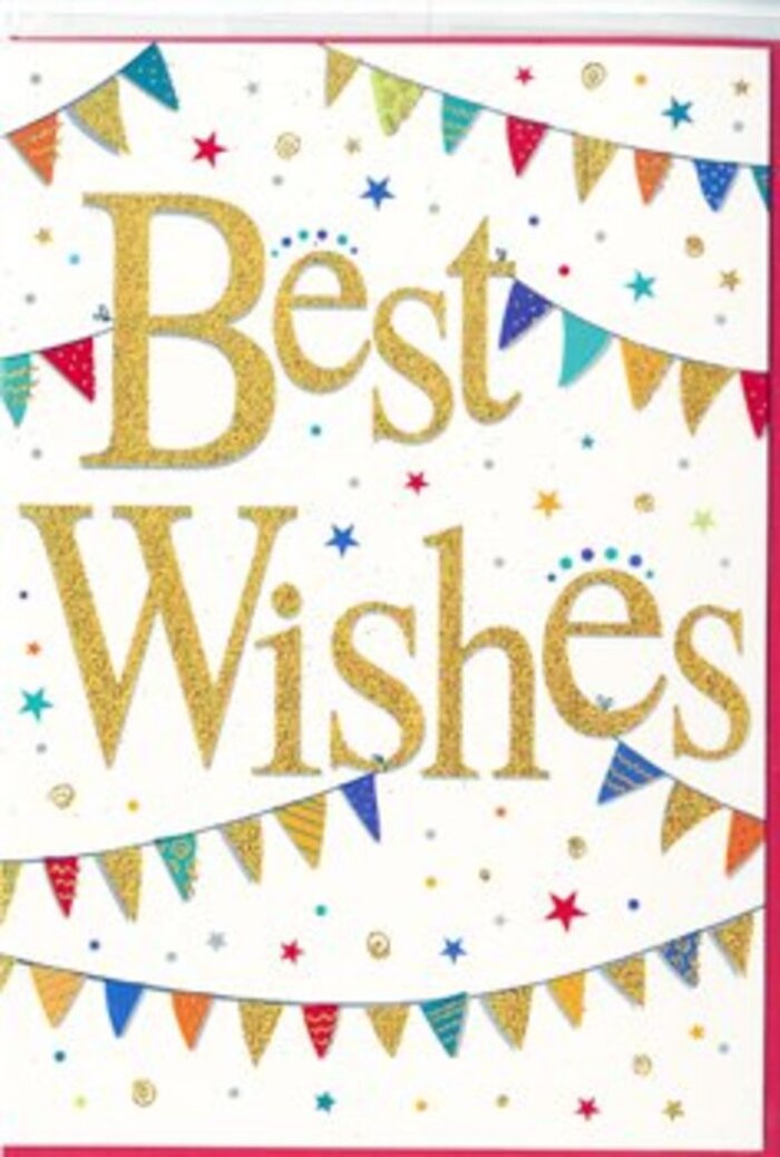 This congratulations card brims with an easy, village-style charm, as if inspired by a summer celebration on the greens around Downe. The pure white background offers a calm, uncluttered space where colour and texture can truly shine. At its heart, the words Best Wishes sweep across in elegant golden script, the letters looping and curling with a gentle confidence. The finish looks subtly raised and glittering, like a fine metallic foil that would glint softly under the warm light of a Downe kitchen in late afternoon. It feels like a message written with real feeling, carrying a sense of pride and hopeful encouragement. Embracing this central phrase, strings of bunting stretch in relaxed arcs above and below, reminiscent of festive flags hung between cottages or across a garden during a local fête. Each tiny triangular pennant bursts with colour-vivid blues, bright reds, leafy greens, sunny yellows, and berry tones-each one patterned with small stripes, dots, or mosaic-like designs, giving the impression of individual, lovingly crafted details. Between and around the bunting, tiny stars and scattered confetti specks are sprinkled across the white space, suggesting the joyful chaos of celebration: confetti in mid-flight, tiny bursts of colour hovering like fireflies over a village gathering. The overall effect is jubilant yet tastefully restrained, making the card suitable for all kinds of happy news, whether someone in Downe is starting a new job, celebrating exam results, or marking a special anniversary. This is just the sort of card Downe Flowers might pair with a hand-tied bouquet of bright seasonal blooms, the golden words and dancing bunting echoing the heartfelt congratulations, support, and warm wishes carried by every fresh flower.