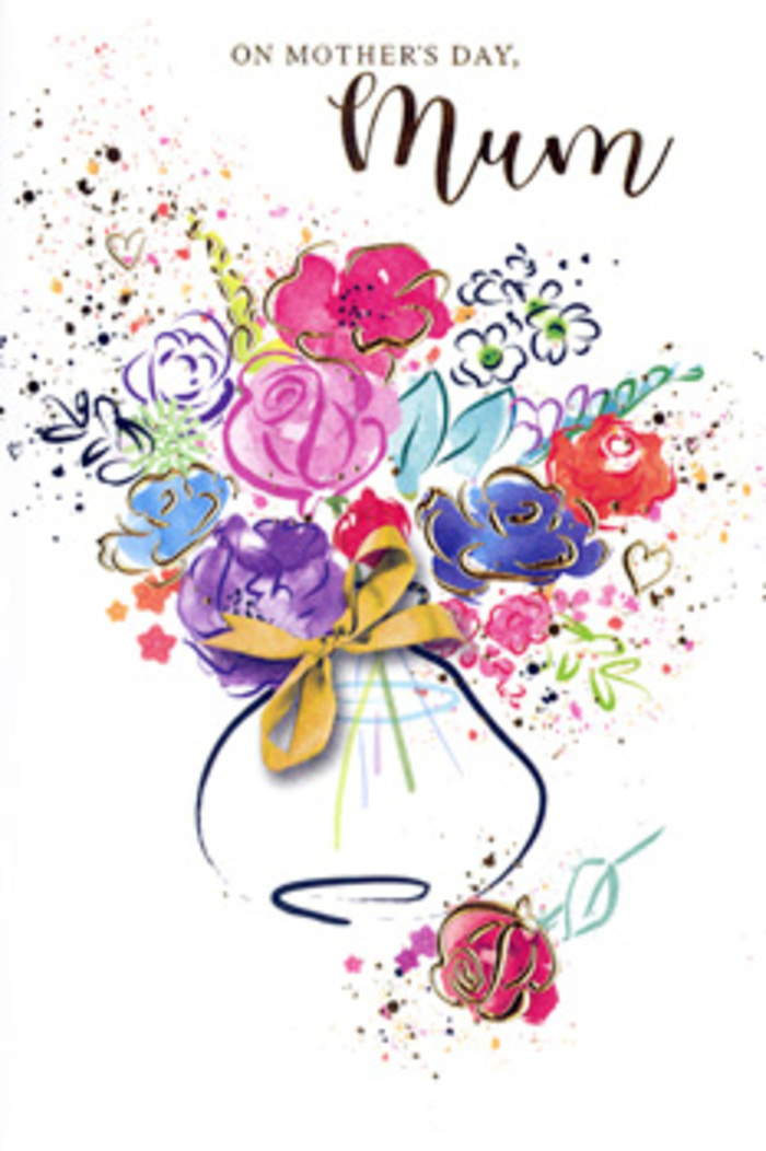 This Mother's Day card features an exuberant watercolour bouquet that appears to hover joyfully above the page, as if freshly imagined by a florist inspired by the gardens and orchards around Downe. At its heart, generous blossoms in hot pink, cerise, and deep rose cluster together, their petals suggested with soft, overlapping strokes and edged with indigo lines that add structure while keeping the overall feel light and fluid. Surrounding these central blooms, softer shades of lavender, sky blue, and pale apricot blend seamlessly into one another, hinting at a mix of smaller flowers that lend texture and whispering colour. Stems and leaves emerge in fresh shades of spring green and chartreuse, some touched with delicate streaks of gold that also trace the outlines of select petals. These golden details shimmer just enough to suggest light dancing over a vase set near a cottage window in Downe. The bouquet is gathered into a simple, stylised vase with rounded curves, painted in translucent washes that allow the white of the card to shine through. A fine golden bow is tied neatly around the neck of the vase, recalling the traditional flourish added to a hand-tied bouquet just before it leaves the workbench. Around the floral centrepiece, playful paint splatters, heart motifs, and tiny dots of colour scatter across the white space, adding a sense of movement, laughter, and celebration. The composition feels tender yet confident, the way a child might choose flowers for their mother with complete sincerity. This illustration becomes more than a picture; it becomes a lasting, paper bouquet that carries the warmth of a Downe Mother's Day visit, filled with love and quiet appreciation.