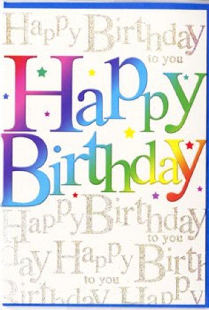 This birthday card brings the spirit of a joyful village gathering into a compact, colourful design that would sit beautifully beside a fresh arrangement from Downe Flowers. Across the centre, the words Happy Birthday stand out in large, generous letters, each character slightly curved and softened at the corners, giving the typography a warm, approachable mood. Rather than using a single hue, each letter is filled with a gentle gradient, blending effortlessly from tone to tone: crimson edges melt into warm sunset oranges, which then glow into sunny yellows, before easing into bright grassy greens, sea-toned teals, and regal purples. The colours have a velvety, misted quality, as though they have been lightly airbrushed or sponged onto a smooth, fine-grain card stock, with no harsh lines or sharp transitions. Sprinkled throughout the design are tiny accents-small stars, specks, and dots in complementary shades of pink, blue, yellow, and metallic gold-evoking the carefree feeling of confetti scattered over a table after slice after slice of birthday cake has been shared. The background is where the finer details unfold: a repeating line of gold script that quietly chants Happy Birthday to you from one side to the other. This script is delicate, with long, looping strokes and narrow joins, suggesting hand-penned calligraphy finished with a metallic ink or foil that subtly catches the ambient light, in the same way sunshine glints off leaves in a Downe garden. The overall base of the card is a creamy or soft white tone, ensuring that the rainbow lettering and gold script stand out clearly and remain easily legible. The composition balances bold, celebratory impact with elegant refinement, making it an ideal birthday card for all ages, one that could be cherished on a mantelpiece in a Downe home long after the celebrations have settled.