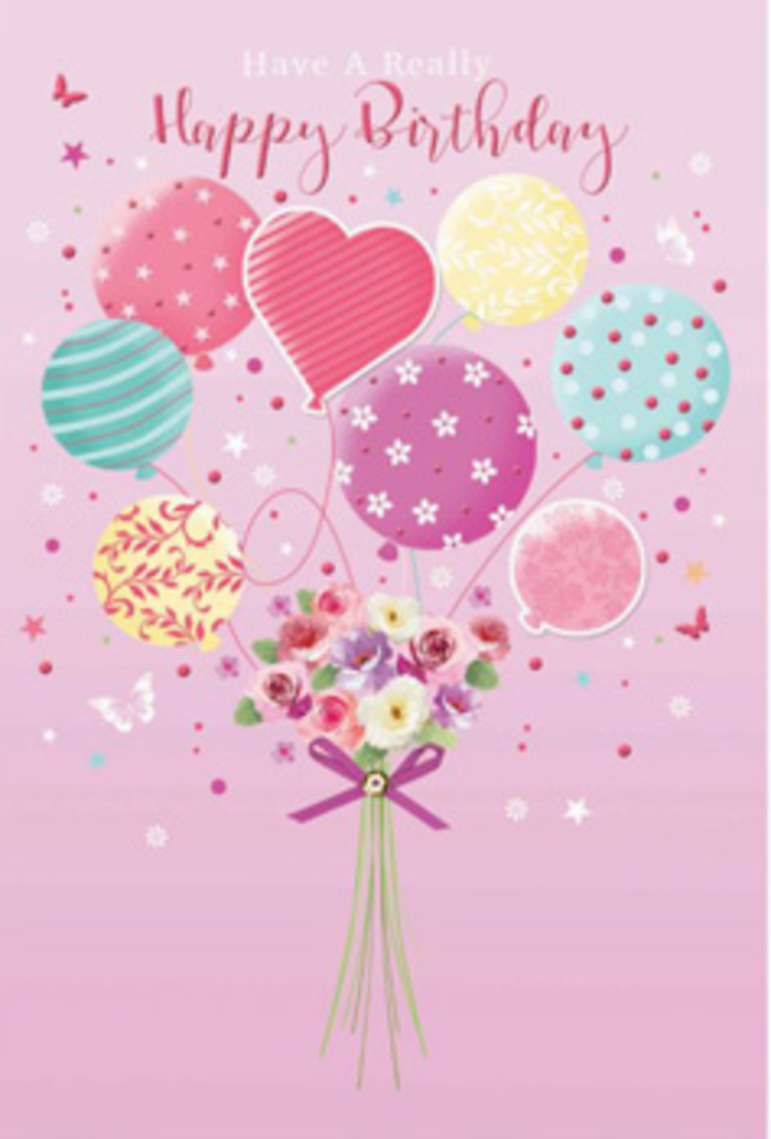Gentle birthday card design showing a cluster of pastel balloons carrying a petite garden of blooms, reminiscent of a relaxed celebration in the countryside around Downe. The scene rests on a soft pink background, even and glowing, like the quiet light filtering through the windows of a village home on a mild spring afternoon. From the lower centre, a bouquet of illustrated balloons rises, each balloon plump and glossy, in pale sunshine yellow, rosy fuchsia, lavender, and cool sea green. Their surfaces are decorated with playful patterns: ribbons that twist in elegant curves, little polka dots that seem to float, and whimsical floral shapes that echo the real flowers below. Towards the middle, a heart-shaped balloon glows in rosy pink, radiating warmth and affection, giving the whole composition a tender focal point. At the base, a small hand-tied bouquet gathers creamy ivory roses and soft, daisy-like blossoms shaded with blush and mauve. Their petals look cushioned and velvety, as though just lifted from a cool florist's bench at Downe Flowers. The stems are drawn neatly together with a sparkling purple bow, its satin sheen catching a suggestion of light, hinting at skilled, practiced hands. The imagined fragrance is sweet yet subtle, like a mix of garden blossoms and fresh greenery from hedgerows around Cudham Lane. The overall impression is one of gentle jubilation, a quiet yet unmistakable celebration that could sit on a farmhouse table or windowsill, making the birthday person feel cherished. It's a scene that turns a simple card into a miniature moment of joy, perfectly suited to a thoughtful birthday surprise delivered around the BR6 area.