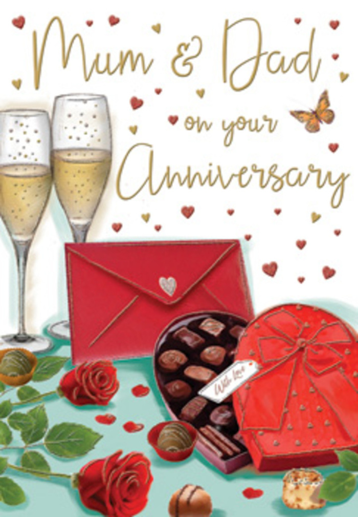 Luxurious anniversary card design that evokes the intimate charm of a Downe village celebration, where simple pleasures are savoured slowly. The illustration is composed like a still life: two elegant champagne flutes stand tall in the background, their stems long and graceful, bowls gently curved, and filled with pale golden sparkling wine. Tiny bubbles climb toward the surface, giving the impression of a quiet toast about to be raised. In front, a heart-shaped box of chocolates, rendered in deep crimson, steals the eye. Its smooth surface carries a wide, satin-like red bow, its loops soft and full, with trailing ends that drape over the edge as though newly untied. The lid is tipped open to display an array of chocolates, each piece carefully shaded in rich brown tones to suggest a mix of indulgent flavours ready to be shared in celebration of years spent together. Beside the box, two red roses lie side by side on the tabletop, their velvety petals layered densely, with darker hints toward the centre and along the edges, framed by broad, glossy green leaves that evoke a freshly prepared bouquet ready for delivery across Downe and the surrounding countryside. A few stray chocolates rest casually near the roses, adding an informal, lived-in touch. Softly scattered gold and crimson hearts float around the main scene, gently guiding attention to a lovingly hand-scripted dedication for Mum & Dad, which speaks of gratitude and enduring devotion. At the very front of the composition, a bright scarlet envelope, neatly closed and slightly askew, suggests a handwritten letter full of affectionate memories. The entire image is bathed in warm, diffused light, creating subtle reflections on glass, ribbon, and petals, and wrapping the scene in a glow of contentment and romantic nostalgia.