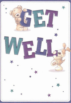 In this uplifting get well card, a sense of care and reassurance blooms-much like the warm feelings that circulate through Downe's tight-knit community. An inviting teddy bear, painted in velvety tans, confidently sits atop the sweeping word 'GET,' while a friendly puppy with floppy, cream-tipped ears joyfully perches on the vibrant letters of 'WELL.' The expressive, rounded forms and gentle smiles of both characters evoke the comforting presence of a friend bearing thoughtfully arranged flowers from a Downe florist. The eye-catching indigos and teals of the lettering leap forward against the clean white background, channeling vibrancy and hope much like the wildflowers near High Elms Country Park. Whimsical clusters of blue and violet stars drift across the design, carrying wishes for swift recovery into the air-small details reminiscent of the peaceful landscape that defines Downe. Every brushstroke hints at careful intent: the tactile softness of the animals' fur, the energetic motion of the text, and the bright, clear setting all work together to create a narrative of reassurance. This image, like a bespoke bouquet delivered to Cudham Lane, is crafted to be more than a message-it's a gesture of true comfort radiating warmth and optimism.