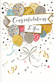 The image captures a single congratulations card, its front design composed with the same care you might expect from a thoughtfully arranged gift delivered around Downe. Dominating the upper and central area is a playful yet elegant composition of balloons, gathered in a cluster that resembles a floating bouquet. The balloons are shaded in a coordinated palette of metallic gold, silver, champagne, soft blue, gentle pink, and pale grey, giving the ensemble a sophisticated, celebratory feel. Their surfaces are embellished with tiny stars, slim stripes, and fine speckles of glitter-like detail, creating a sense of tactile richness that suggests you might feel a slight texture under your fingertips. Woven through this buoyant arrangement is a gently curving banner that spans the width of the card's main design. On the banner, the words Congratulations To You are written in flowing, calligraphic script, adding a personal, heartfelt tone akin to a carefully penned message in a card chosen at Downe Flowers for a special occasion. Surrounding the balloons and banner, thin swirling lines and ribbon-like curls, drawn in glimmering gold and silver inks, twist and dance as if stirred by a soft breeze on the edge of Downe village green. Small metallic stars and confetti-like dots are scattered lightly across a soft, neutral background, giving the impression of sparkling air around a celebration. The overall look is festive yet refined, suitable for commemorating achievements from exam successes to promotions or new ventures. Even without any floral imagery, the card feels perfectly at home beside a fresh, seasonal bouquet, ready to be placed on a sideboard or windowsill in a Downe home as a lasting reminder of a proud and happy moment.