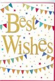 This congratulations card feels like a gentle echo of the cheerful bunting and shared happiness you might see at a summer fête in Downe. The base is a bright, unblemished white, giving everything a sense of clarity and openness. Across the centre flows the message Best Wishes, written in a beautifully curved gold script that shimmers softly, as if brushed with a fine layer of glitter or metallic foil. The letters appear slightly raised, inviting touch and hinting at the care with which the card has been crafted. Framing the message, strands of bunting sweep in relaxed arcs above and below, like festive flags strung between hedges and cottages along the High Street. The tiny triangular pennants display a lively palette of colour-sapphire blue, cherry red, leafy green, golden yellow, and playful pink-with each flag decorated by its own pattern of stripes, polka dots, or small geometric motifs. The variation in patterns adds a sense of individuality, as though each pennant tells its own small story of celebration. Around the bunting, little stars and dots of confetti are scattered in a carefree way, some bright and crisp, others lightly faded at the edges, creating a feeling of movement, like confetti just released above a crowd. The card's mood is warmly uplifting, without being overdone-equally appropriate for congratulating someone on exam results, a new home, a wedding, or a new baby in the Downe area. It's easy to picture this card slipped beside a bouquet ordered from a local florist, its shimmering gold words and colourful bunting capturing the joy, pride, and affectionate support behind every well done and we're so happy for you.