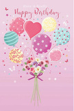 Whimsical birthday illustration featuring pastel balloons and a sweet little bouquet, drawn with the same care you'd expect from a village florist in Downe. The background is a soft, rosy pink that feels warm and inviting, like the glow of afternoon light across the fields and gardens surrounding the village. From near the bottom centre, a cluster of balloons rises, their rounded shapes rendered in gentle shades of blush, mint, lavender, butter yellow, and sky blue. Each balloon has its own character: some twist with striped patterns reminiscent of wrapped sweets, others are dotted with playful polka dots, while tiny stars and floral motifs dance across a few surfaces. A heart-shaped balloon near the centre adds a clear note of affection, like a quiet happy birthday, you are loved. Soft highlights on the balloons give them a glossy, almost touchable quality, as though they might softly bump against one another in a cosy Downe sitting room. Anchoring this airy display is a dainty hand-tied bouquet at the base, made up of roses and anemone-like blooms in creamy ivory, blush pink, and muted mauve. The petals are shown as layered and feathery, clustered close as if freshly arranged. A violet satin bow hugs the stems, tied in careful loops that glisten with a faint, silky shine, hinting at the handiwork of experienced florists preparing a birthday delivery for homes near High Elms or along the quiet village roads. You can almost sense a faint floral fragrance and the rustle of paper. The scatter of tiny stars and hints of butterflies adds a fairy-tale sparkle, capturing a birthday that feels bright, gentle, and unforgettable in the heart of BR6.