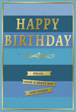 The birthday card shown here feels both soothing and celebratory, with its carefully arranged blue stripes and golden accents that would look perfectly at home in a Downe village sitting room. The front is patterned with wide, horizontal bands of blue, each with a slightly different depth of colour. From a strong navy through rich teal to soft sky blue, the stripes create an ombré effect that feels like watching the daylight shift across the rolling fields around Downe. At the centre, the message HAPPY BIRTHDAY appears in embossed gold capitals. The letters are crisp and well spaced, rising gently from the surface and reflecting light in a subtle, elegant way rather than with sparkling glitter. Just below, a delicate golden flourish arcs across the card, its intertwined curves adding a hint of traditional charm, as though lifted from an old-fashioned greeting. Beneath this flourish, three slim gold banners rest in a neat vertical stack. Each banner carries a portion of a warm wish, together forming the friendly invitation to relax, have a great day, and enjoy the celebration. A whisper-thin gold border surrounds the design, giving it a framed, considered appearance, much like the final trim on a beautifully wrapped gift. The card's overall mood is calm, grown-up, and gently joyful. You can imagine it propped on a windowsill beside freshly picked garden flowers, catching soft daylight and quietly offering heartfelt birthday wishes in a home somewhere along the lanes of Downe.