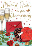 Elegant anniversary card illustration that could easily be imagined set on a Downe dining table, ready for a cosy evening celebration. Dominating the background are two tall champagne flutes, their fine stems and rounded bowls outlined with delicate highlights so that the pale golden fizz inside appears luminous, with tiny bubbles suspended as if captured in the moment before a toast. In the foreground, an open heart-shaped box of chocolates forms the central focus, its deep red exterior rich and satin-like, topped with a wide, theatrical bow whose loops and tails curve softly over the lid. Opened toward the viewer, the box reveals neatly arranged chocolates shaded in layered browns, each piece distinct and inviting, evoking truffles and pralines that might be shared slowly over stories of years gone by. Resting alongside are two classic red roses, laid gently on the table, their petals plush and voluminous, edged with deeper crimson tones, and framed by glossy green leaves suggestive of fresh stems from a local florist in Downe. A few loose chocolates lie scattered nearby, introducing a relaxed, affectionate touch to the composition. Softly drifting hearts in crimson and antique gold float across the background, drawing the eye toward a hand-drawn greeting to Mum & Dad, making the card feel especially personal and family-centred. At the base of the scene, a scarlet envelope sits sealed, its clean lines and bright colour hinting at a handwritten message of love and thanks tucked safely inside. Gentle, warm lighting ties everything together, creating subtle gleams on glass and ribbon and lending the entire card an atmosphere of homely romance and quiet celebration.